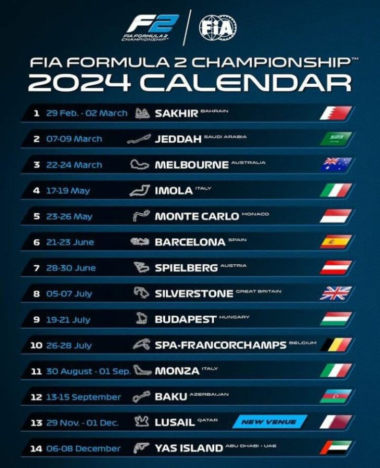 F2 Fórmula 2 divulga calendário do campeonato de 2024 com 14 etapas